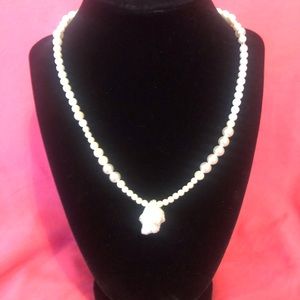 White druzy geode pearl and silver necklace
